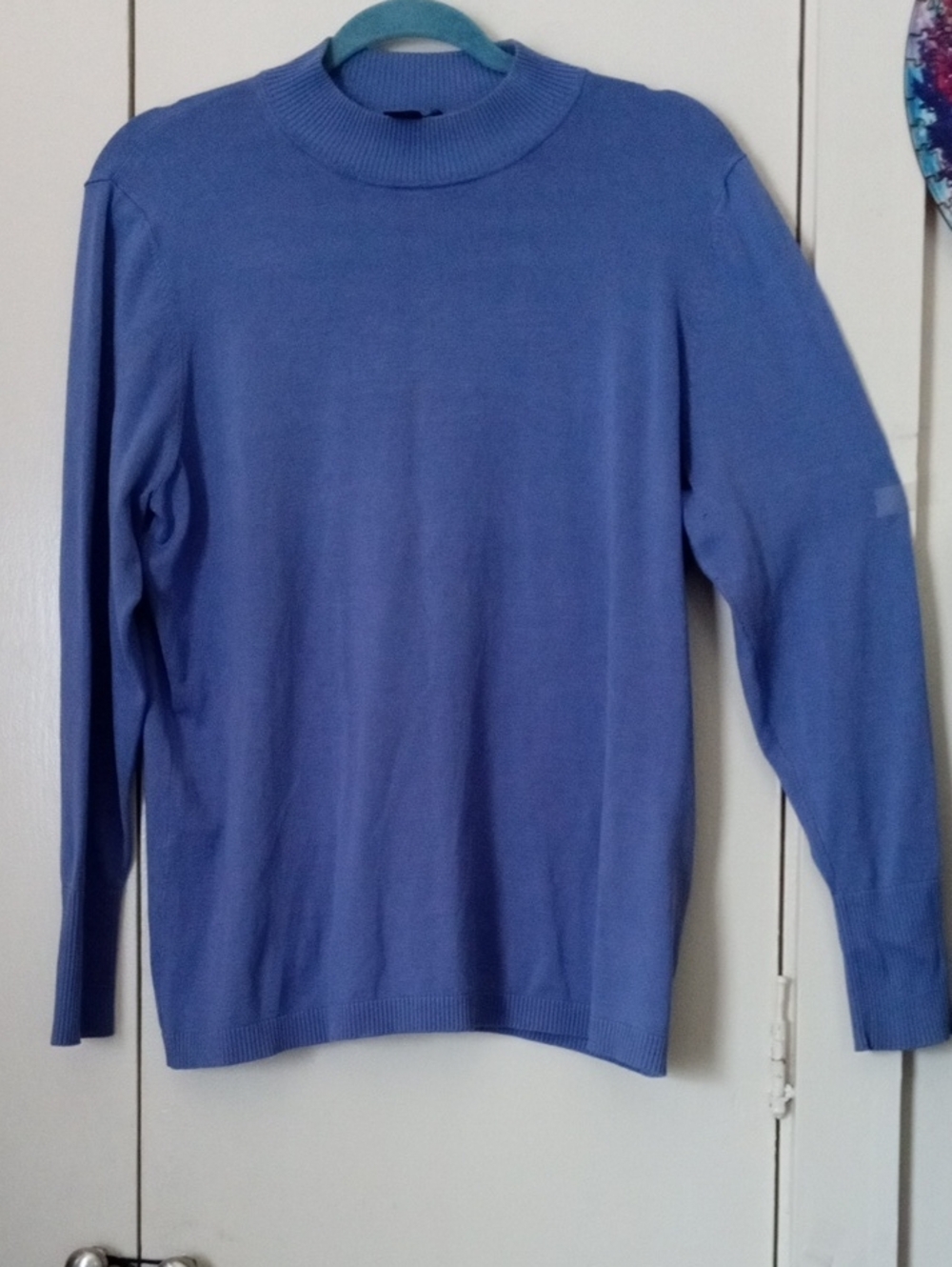 August Silk Lavender-Blue Women's Ribbed Collar Top Long Sleeve Silk Blend 1X